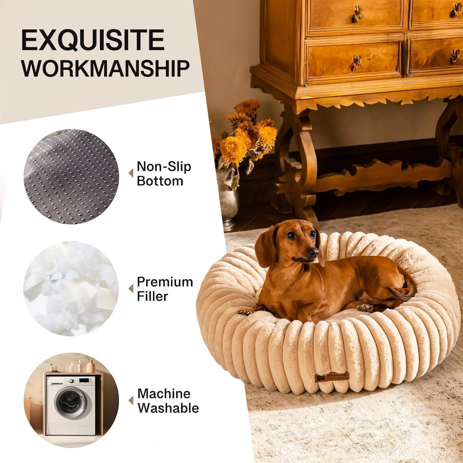 MEWOOFUN Donut Cat Bed - Washable Round Pet Bed For Indoor Cats &amp; Kittens, Fluffy Non-Slip Calming Bed For Small Dogs, Light Brown