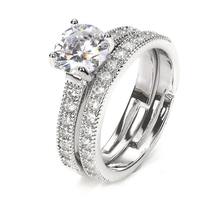 Adjustable Combination Zircon Set Ring Silver Plated Couple Jewelry