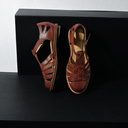 Premium Washed Full Grain Leather Fisherman Sandals, Closed-Toe Woven T-Strap Flats