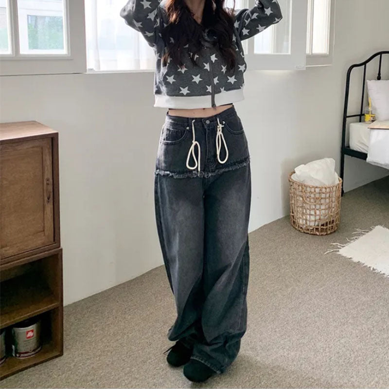 Drawstring-attached Patchwork-design Relaxed-fit Raw-hem Wide-leg Pants