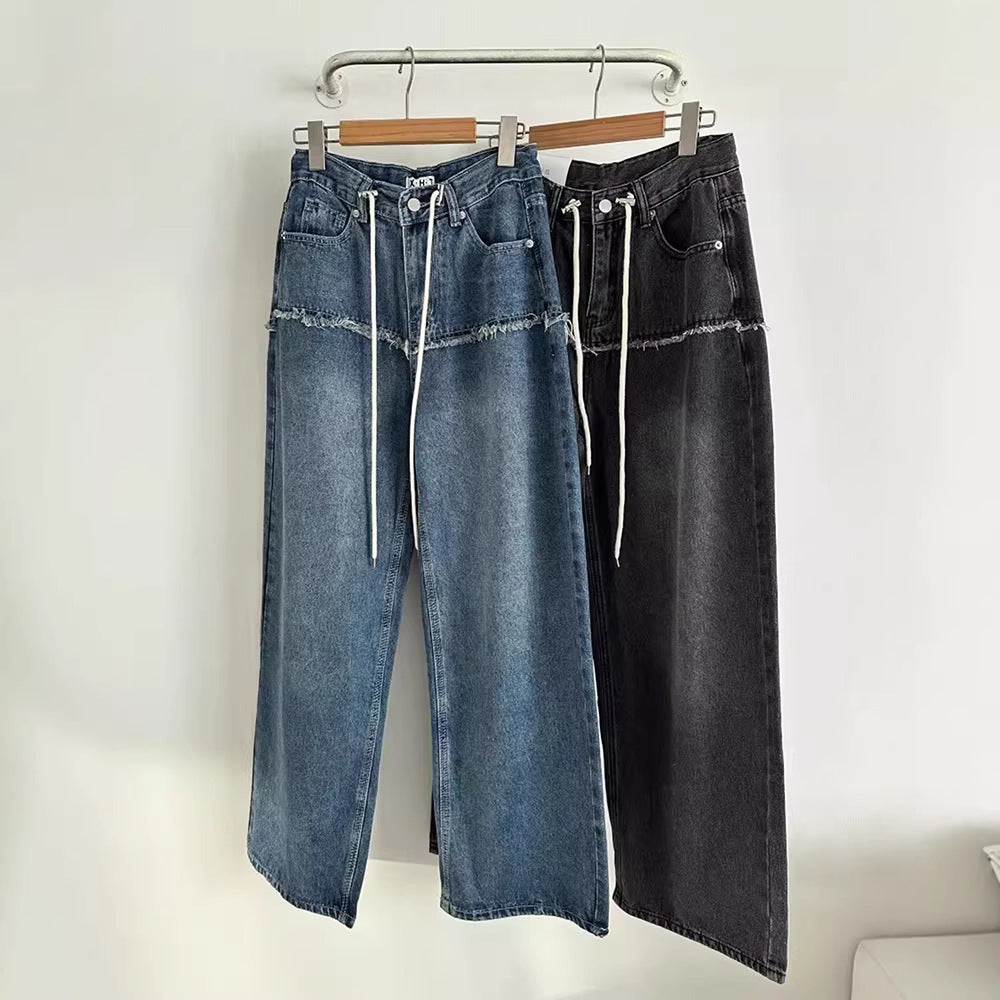 Drawstring-attached Patchwork-design Relaxed-fit Raw-hem Wide-leg Pants
