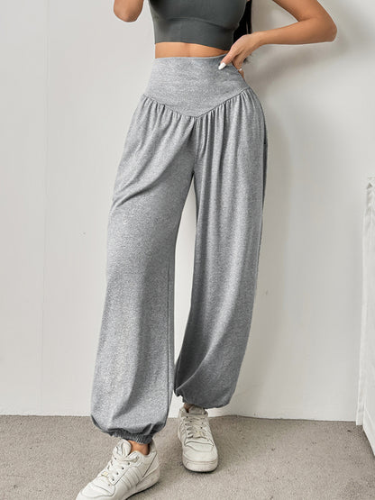Commuter High-Waist Loose Solid-Color Pockets Drawstring Ankle Pants