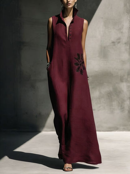 Heat-transfer Graphic Pocket Casual Mandarin-collar Cotton-linen Dress