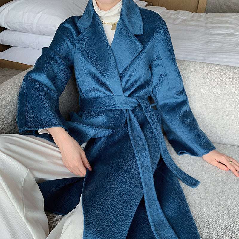 Long Lace-up Waist Woolen Woolen Coat