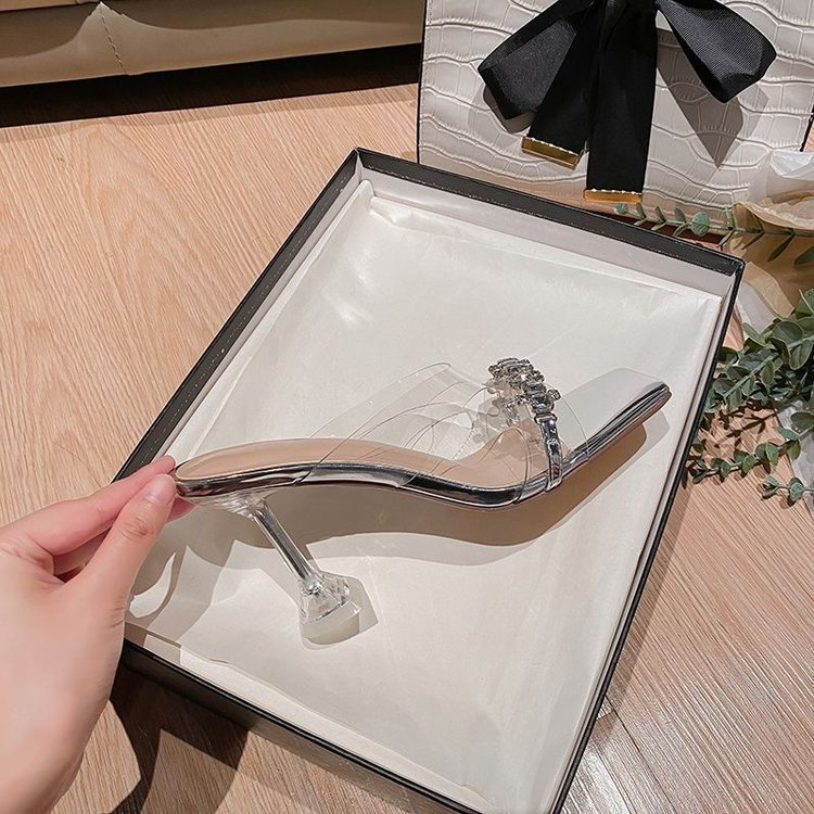 Square Sandals, Transparent Rhinestone High Heels
