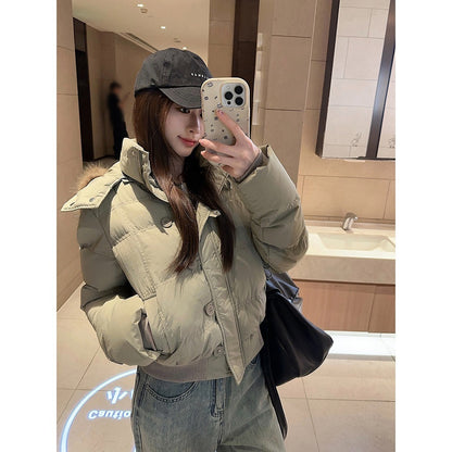 Big Fur Collar Hooded Short Down Jacket Women&