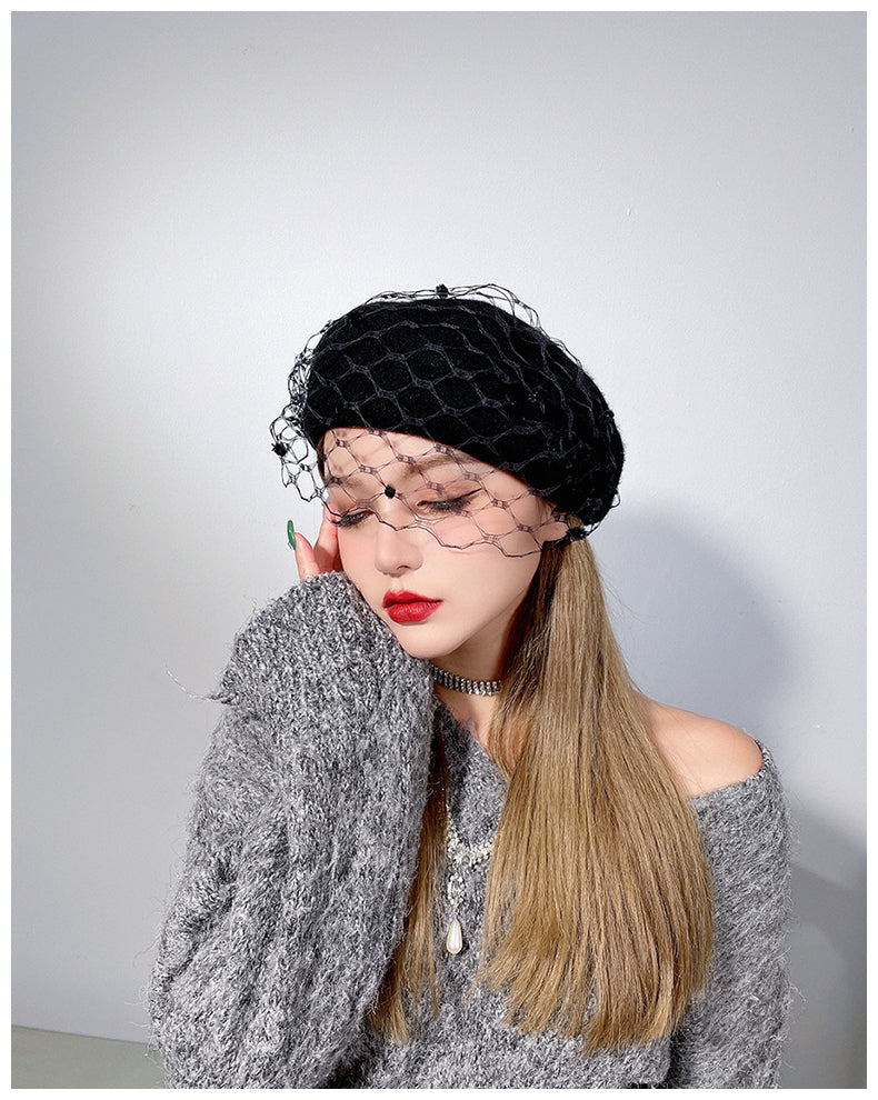 Vintage French Mesh Veil Pom Pom Versatile Wool Beret