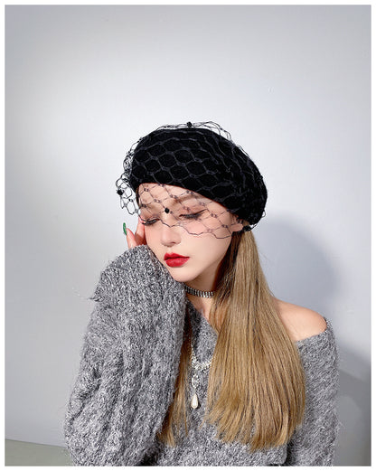 Vintage French Mesh Veil Pom Pom Versatile Wool Beret