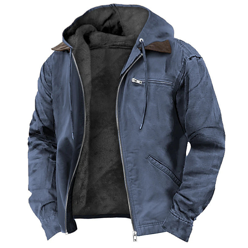 Winter Hooded Coat With Pockets Fashion Warm Fleece Zip-up Jacket Casual Outwear Men&