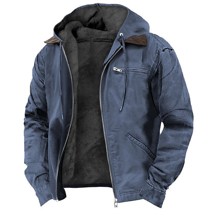 Winter Hooded Coat With Pockets Fashion Warm Fleece Zip-up Jacket Casual Outwear Men&