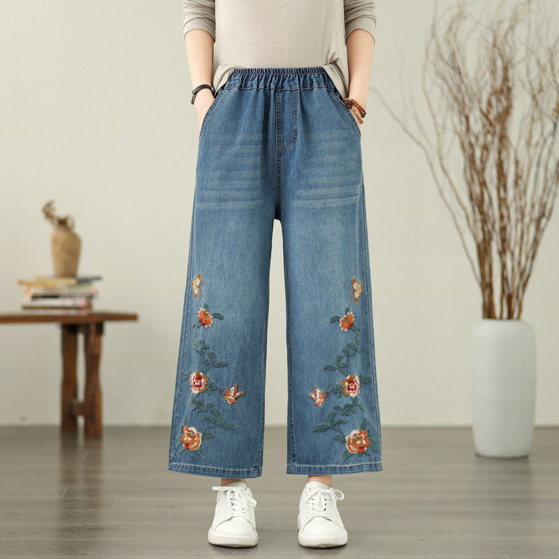 Embroidered Butterfly Loose Denim Jeans Women&