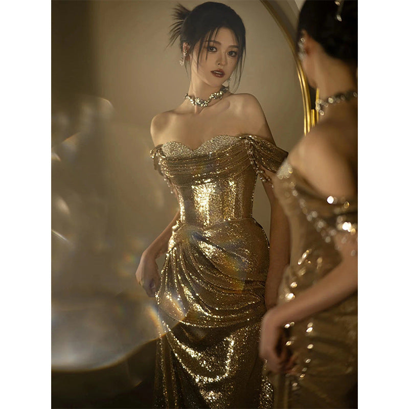 Gold Evening Dress Sequined Off-shoulder Tube Top Toast Dress Bridal Fishtail Dress