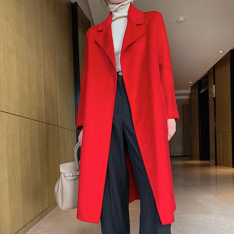 Long Lace-up Waist Woolen Woolen Coat