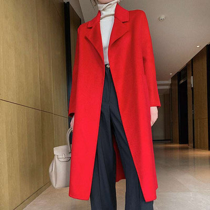 Long Lace-up Waist Woolen Woolen Coat