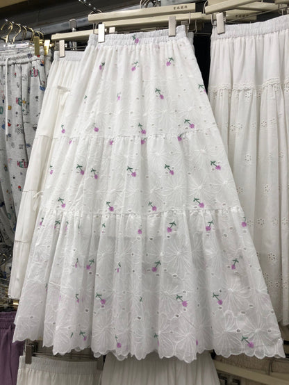 Sweet Mori-Style Embroidered Hollow-Out Lace Skirt