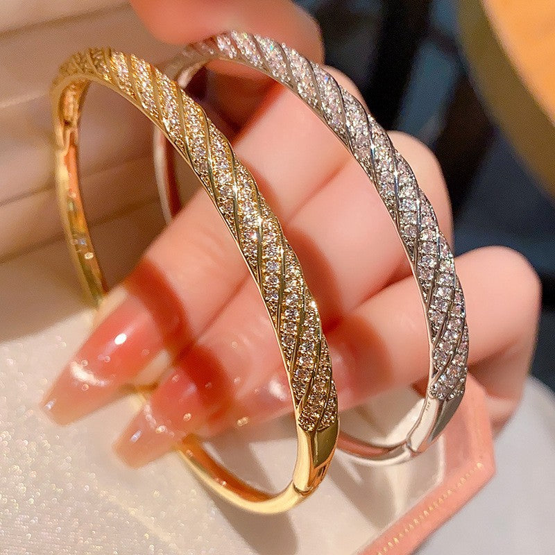 Diamond-encrusted Rhombus Bangle Smooth Surface Crisscross Design