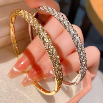Diamond-encrusted Rhombus Bangle Smooth Surface Crisscross Design