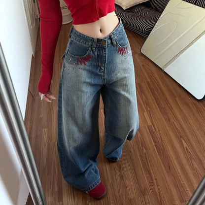 Retro Washed High-Waist Loose Fit Denim Jeans For Women