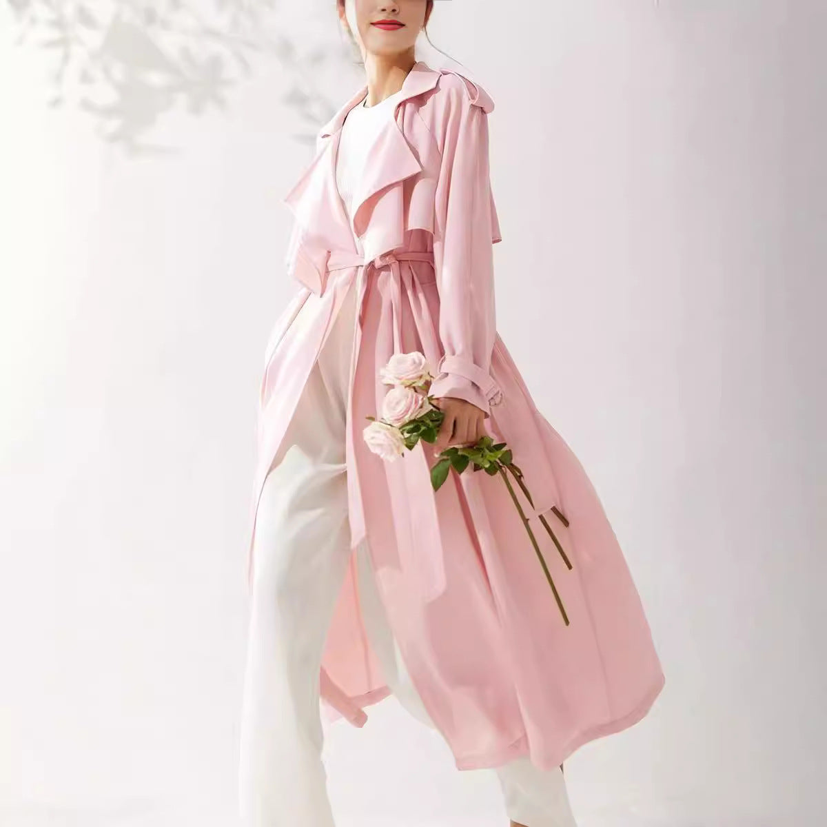 Long Waist-cinching Sheer Flowing Trench Coat