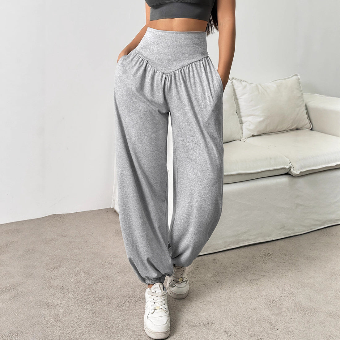 Commuter High-Waist Loose Solid-Color Pockets Drawstring Ankle Pants