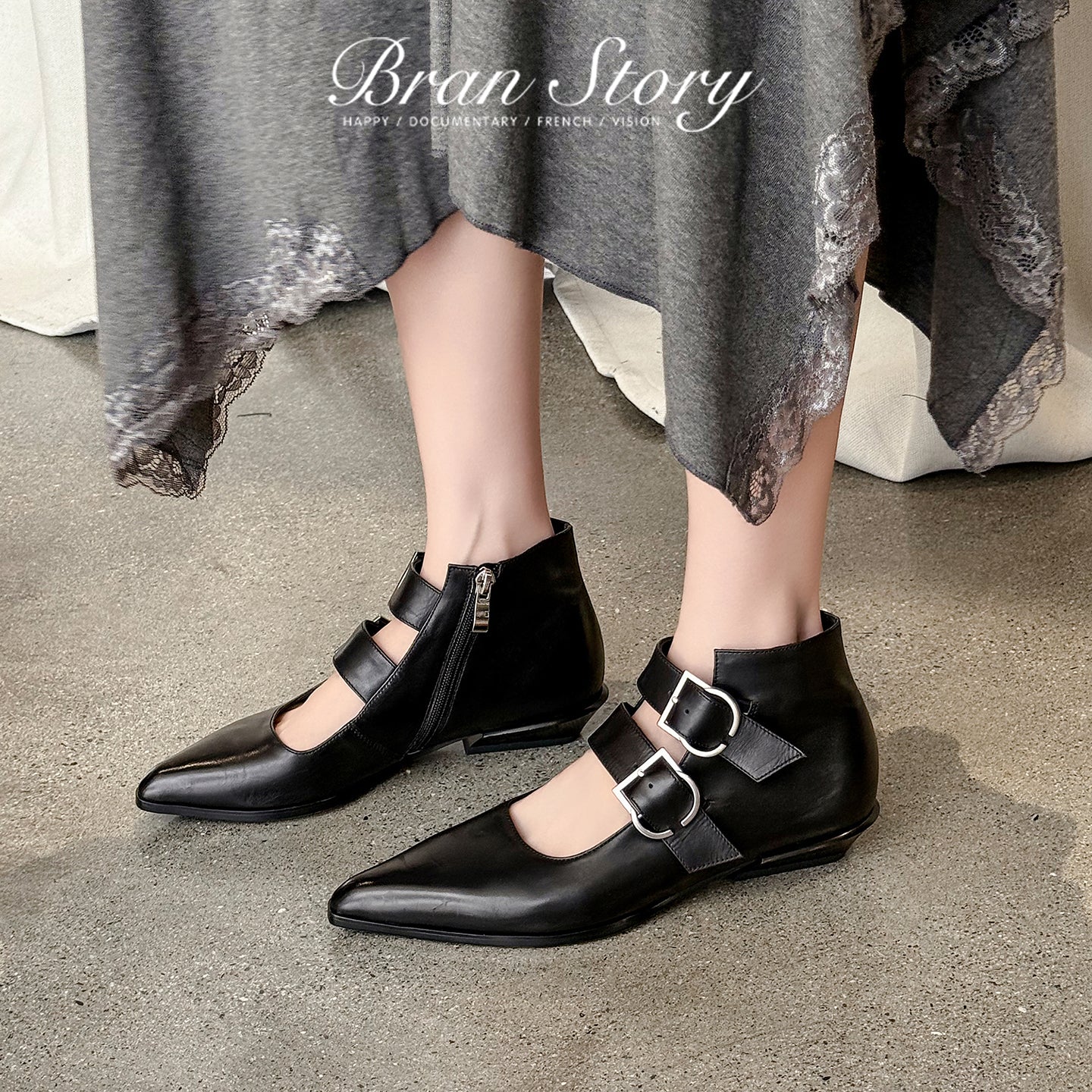 Handmade Full-Grain Leather Mary Jane Ankle Boots, Pointed Toe Double Buckle Low Heel Booties