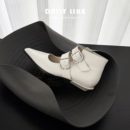 Handmade Full-Grain Leather Mary Jane Ankle Boots, Pointed Toe Double Buckle Low Heel Booties