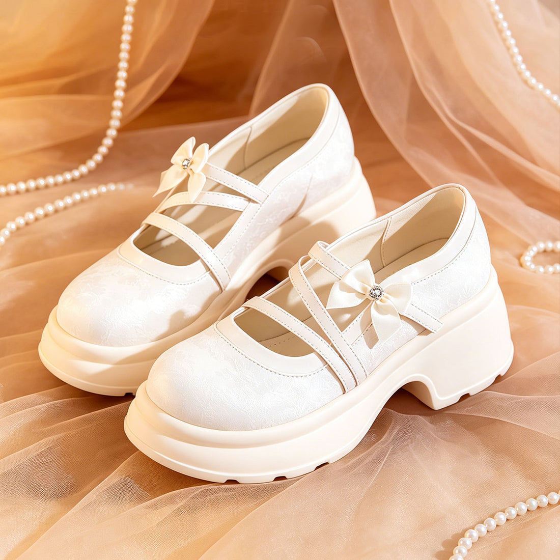Sweet Bow Platform Mary Jane Shoes, Ivory Chunky Sole Pumps For Daily Wear