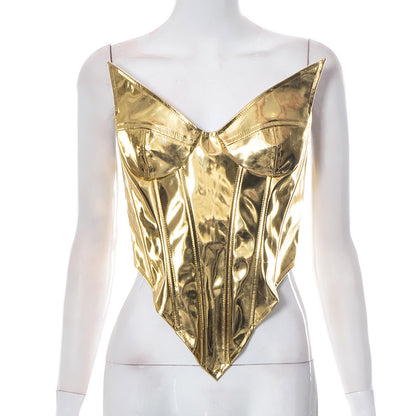 Solid Color Leather Glossy Sleeveless Tube Top Top