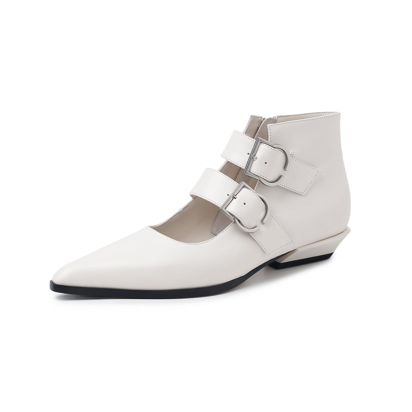 Handmade Full-Grain Leather Mary Jane Ankle Boots, Pointed Toe Double Buckle Low Heel Booties
