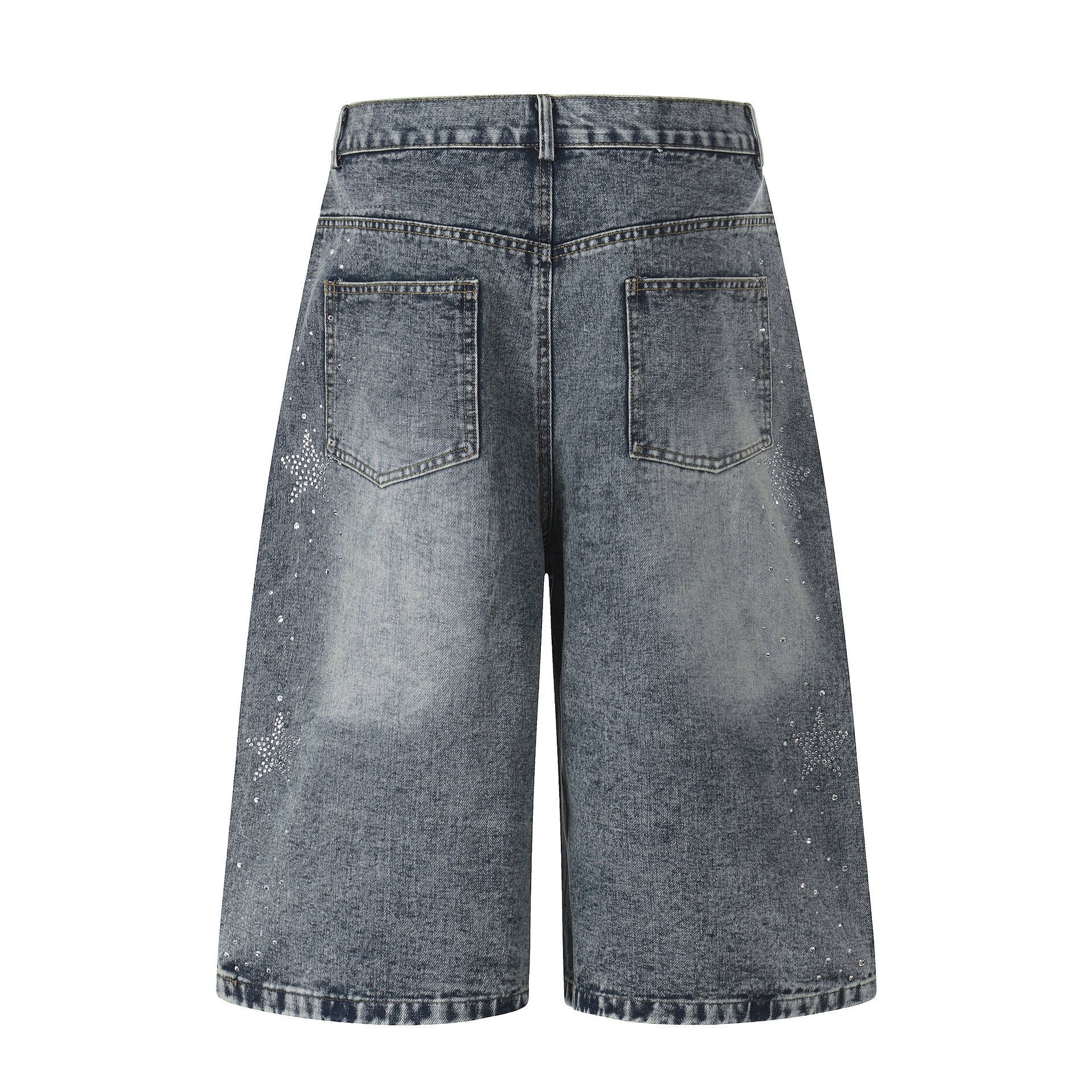 Star-shaped Rhinestone Embellished Capri Denim Shorts Womens Loose-fit