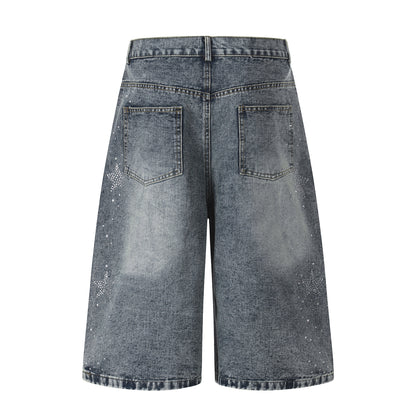 Star-shaped Rhinestone Embellished Capri Denim Shorts Womens Loose-fit