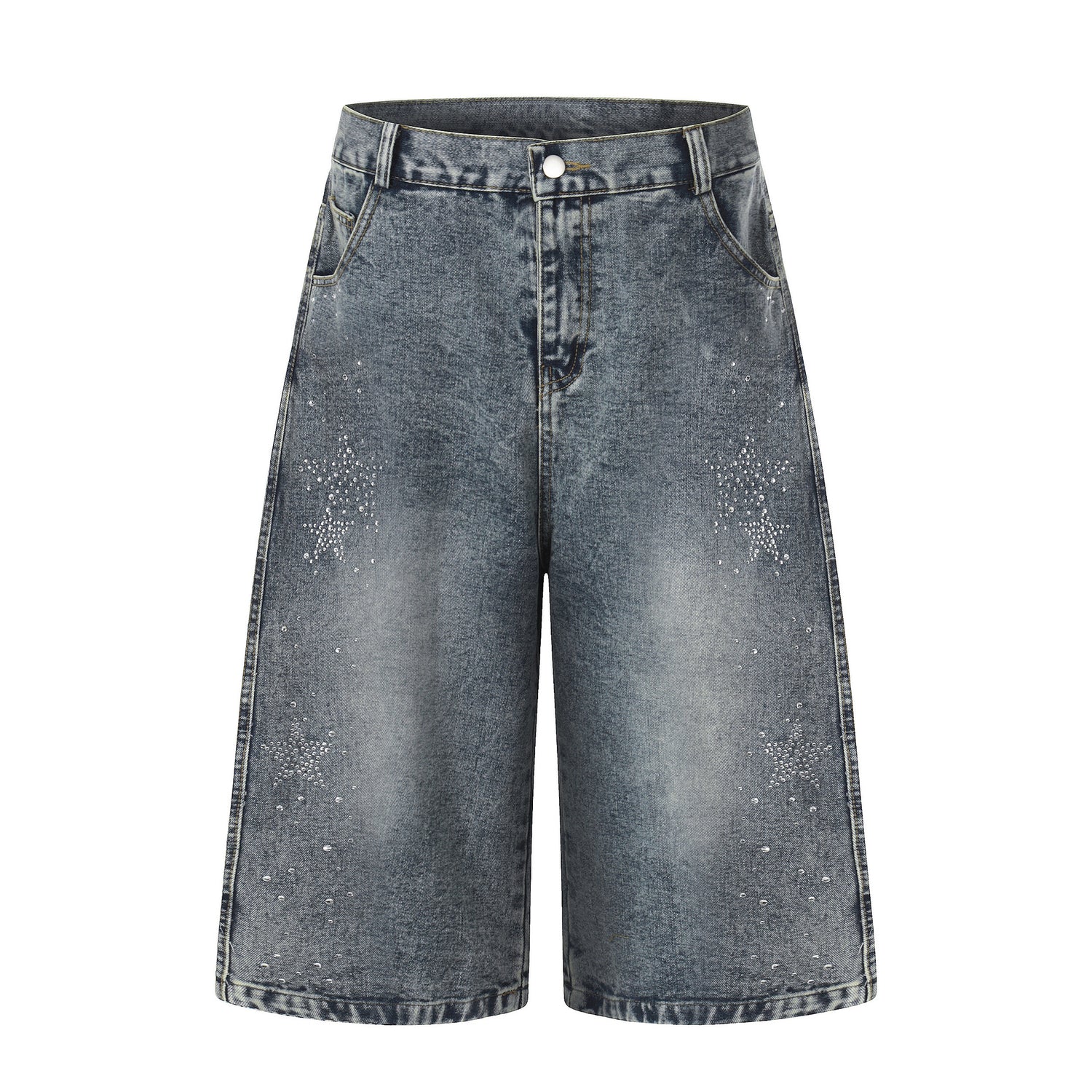 Star-shaped Rhinestone Embellished Capri Denim Shorts Womens Loose-fit