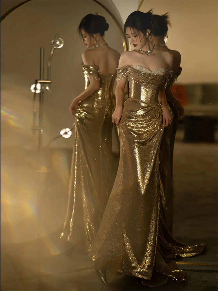 Gold Evening Dress Sequined Off-shoulder Tube Top Toast Dress Bridal Fishtail Dress