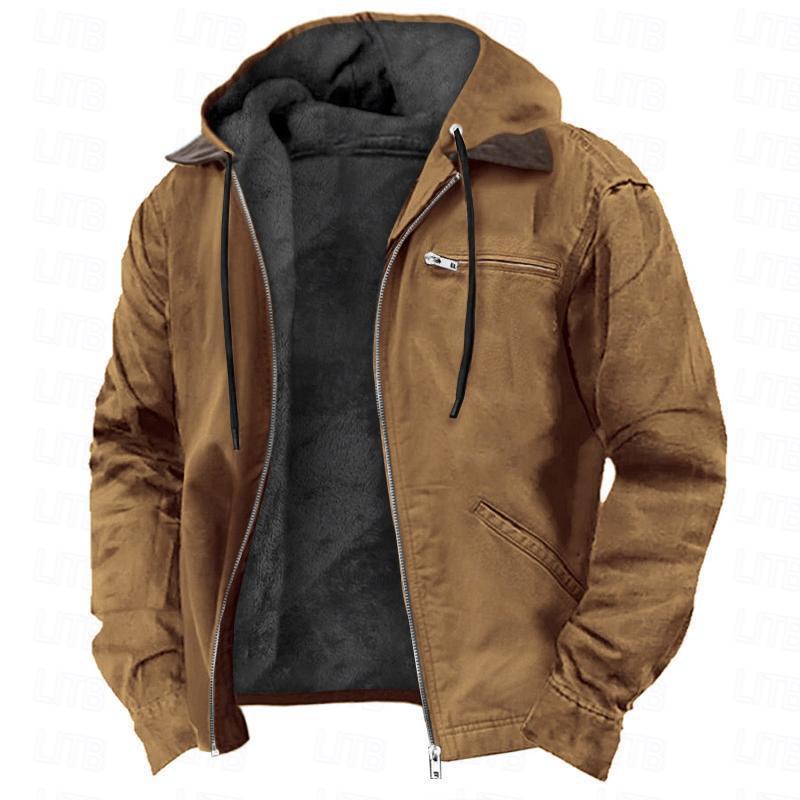 Winter Hooded Coat With Pockets Fashion Warm Fleece Zip-up Jacket Casual Outwear Men&