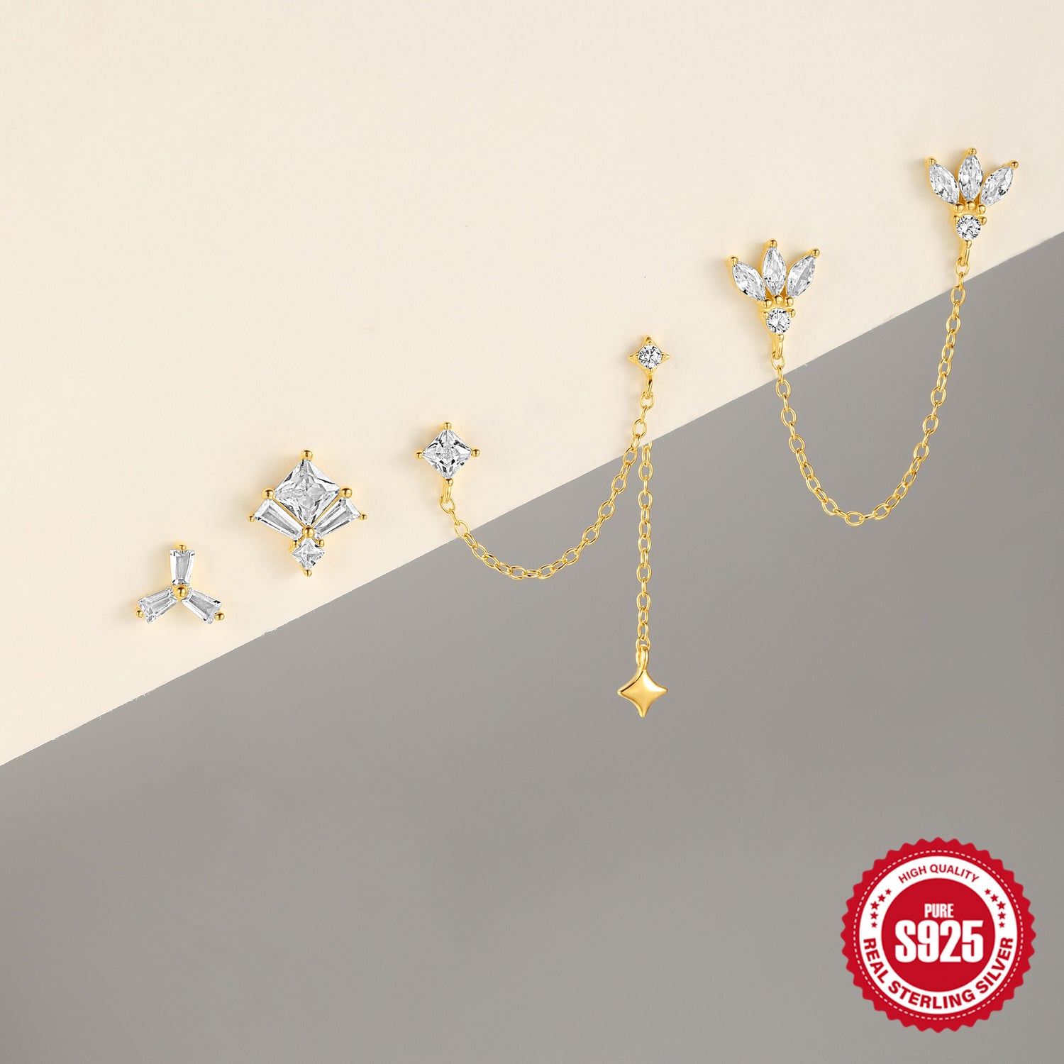 New S925 Sterling Silver Double Ear Piercings Zircon Chain Stud Earrings