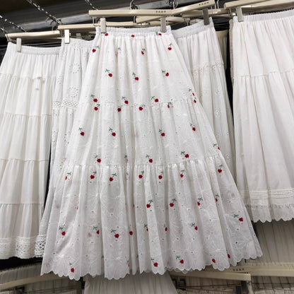 Sweet Mori-Style Embroidered Hollow-Out Lace Skirt