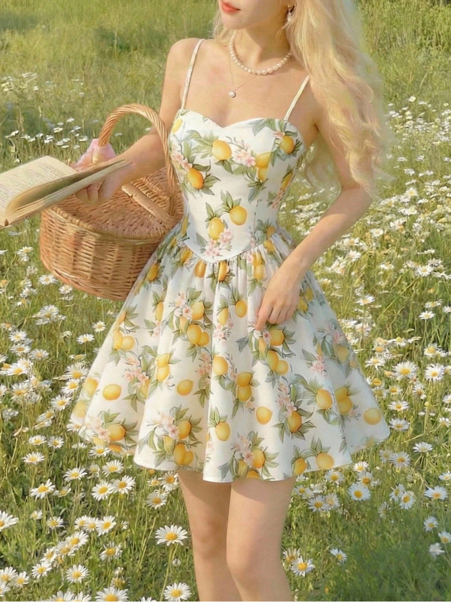 Womens Lemon Floral Slip Dress With Waist-Cinching Design Open Back And Bow For Vacation
