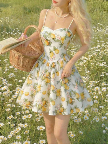 Womens Lemon Floral Slip Dress With Waist-Cinching Design Open Back And Bow For Vacation