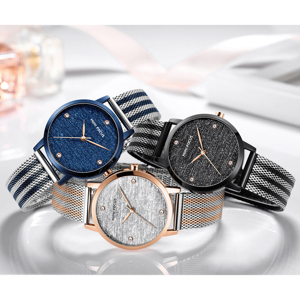 Silk Dial Diamond-encrusted Mesh Strap Watch