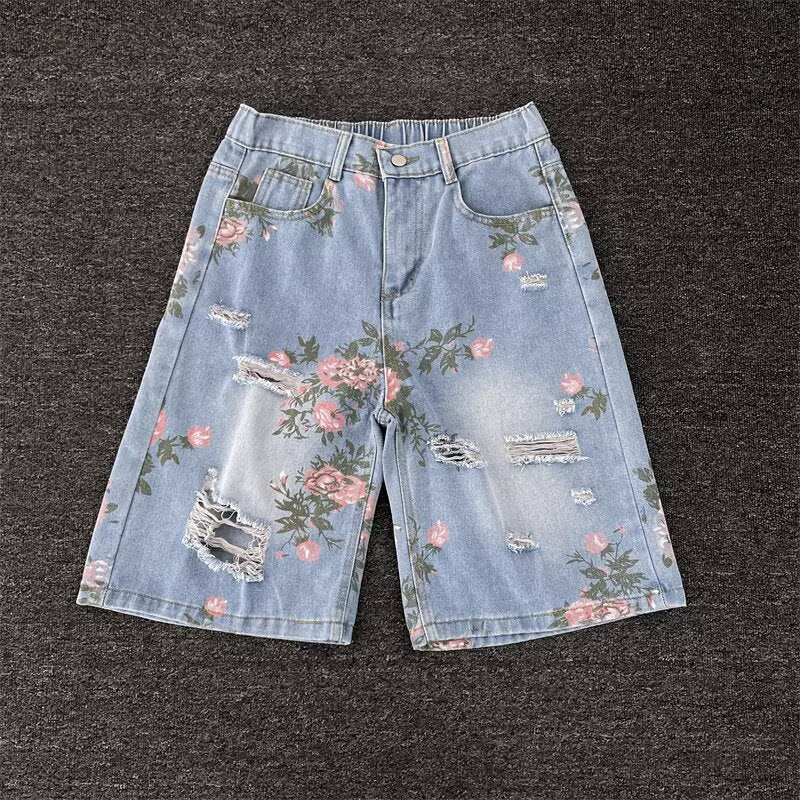 Summer Retro Floral Print Ripped Denim Shorts