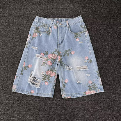 Summer Retro Floral Print Ripped Denim Shorts