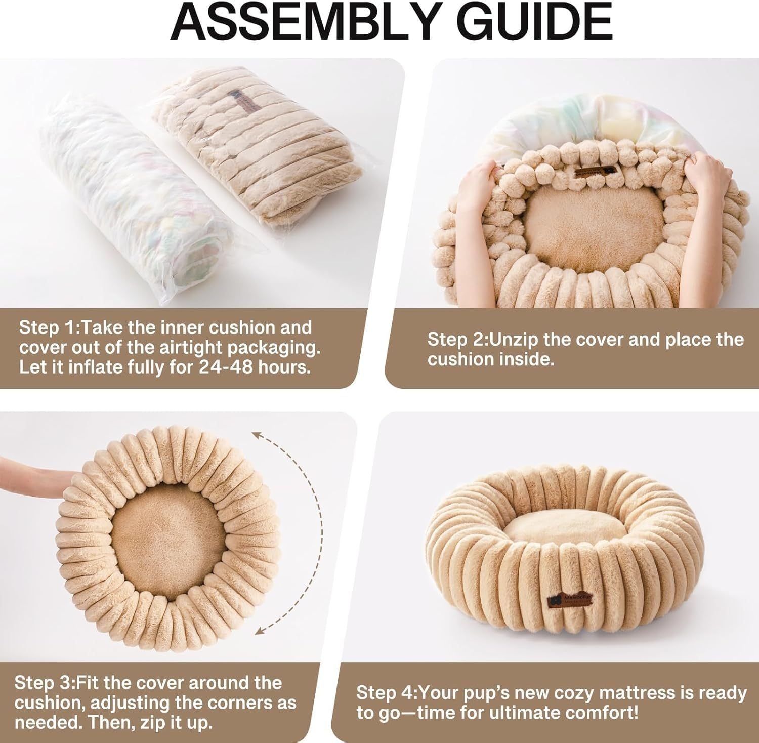MEWOOFUN Donut Cat Bed - Washable Round Pet Bed For Indoor Cats &amp; Kittens, Fluffy Non-Slip Calming Bed For Small Dogs, Light Brown