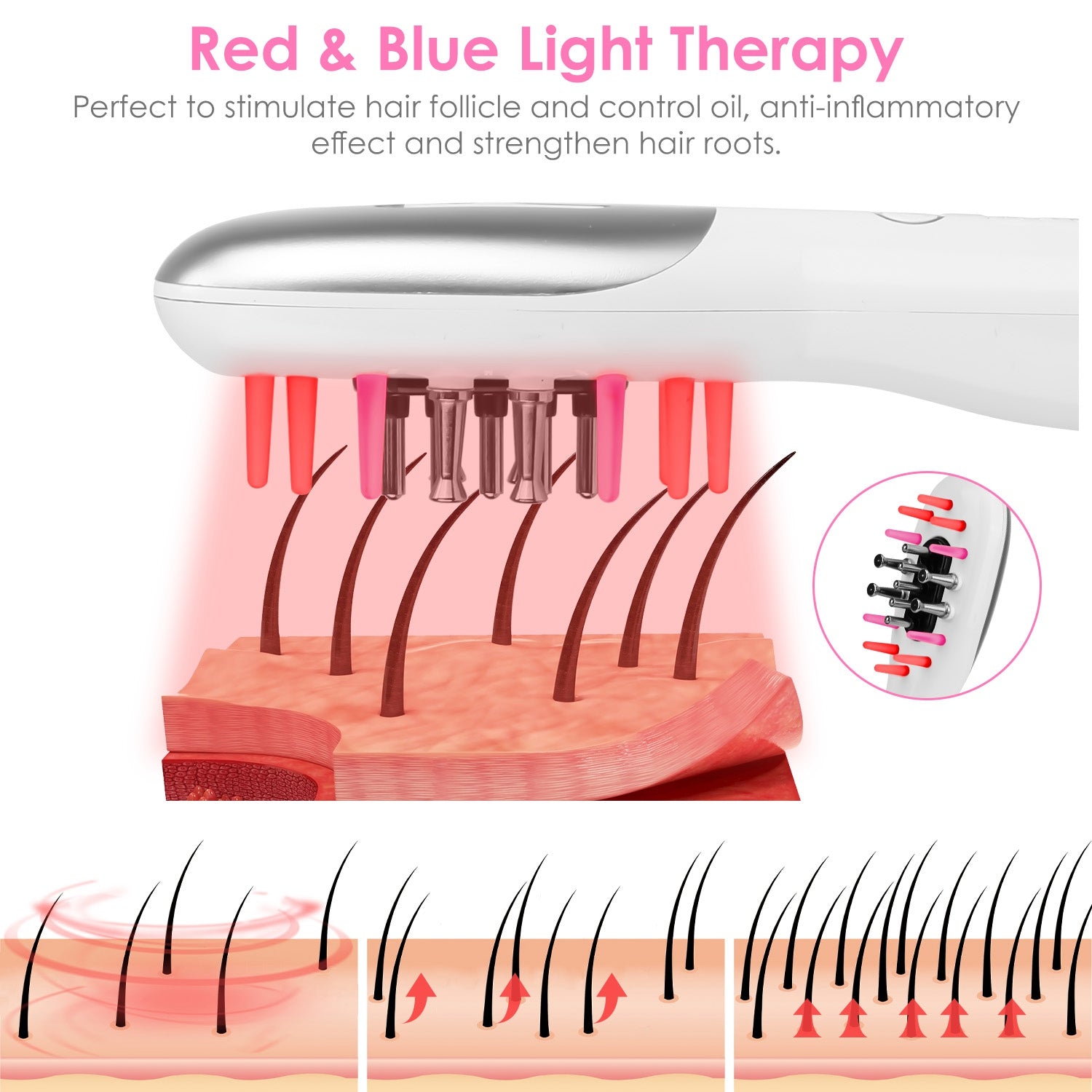 1Pc Electric Scalp Massage Comb Microcurrent Hair Brush Handheld Head Scratcher Massager Hair Oil Applicator With Vibration Micro-Current Mode Red &amp; Blue Light Therapy Oil Applicator