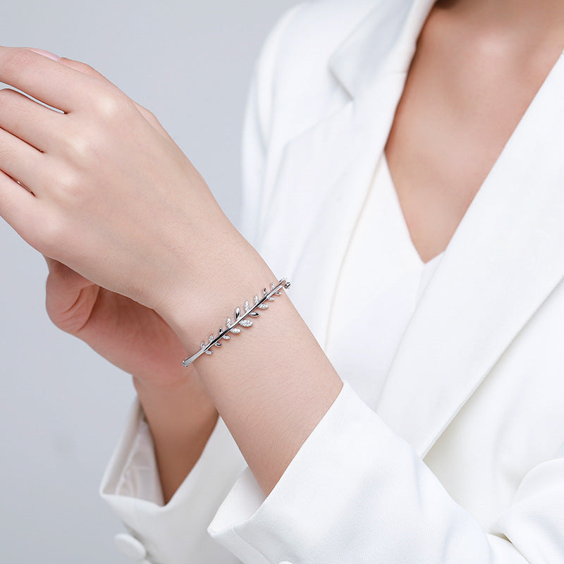 S925 Silver Bracelet Female Leaf Oval Bracelet Open-ended Bracelet
