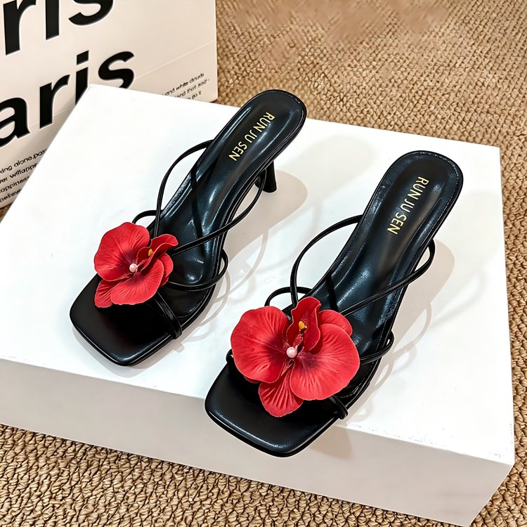 Niche Flower Slippers, Comfortable Square Toe, Exposed Toe, Cool Drag, Thick Heel, Half Drag High Heels