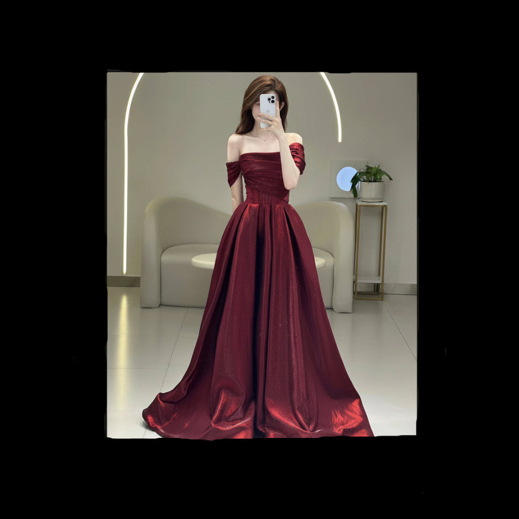 Wine Red Off-shoulder French Suit Bridal