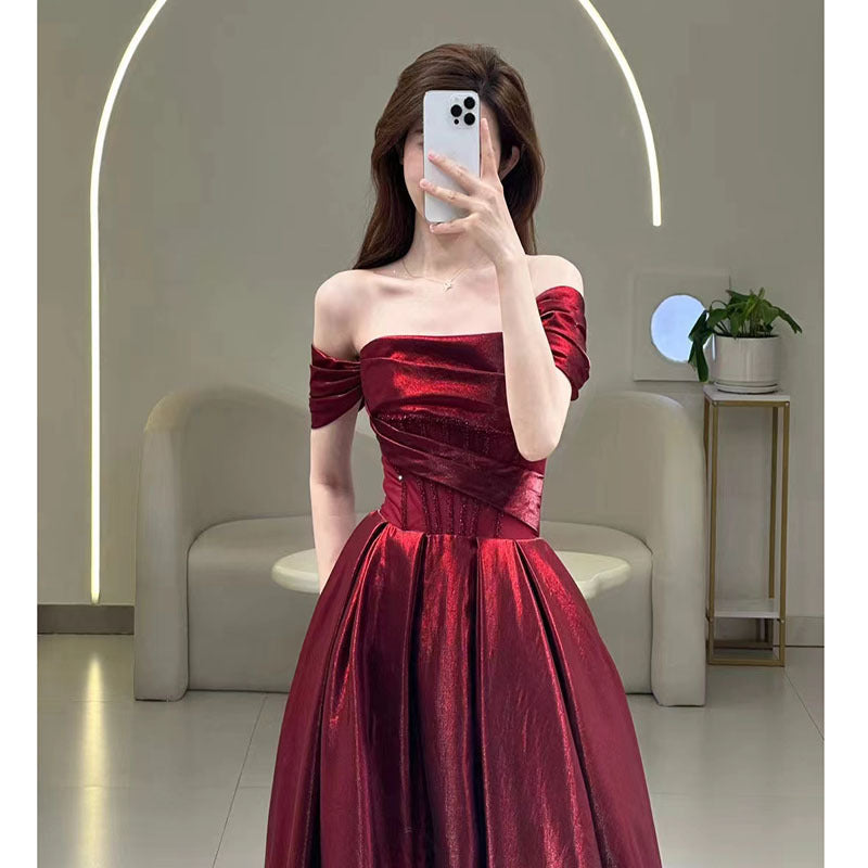 Wine Red Off-shoulder French Suit Bridal