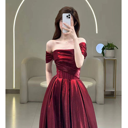 Wine Red Off-shoulder French Suit Bridal