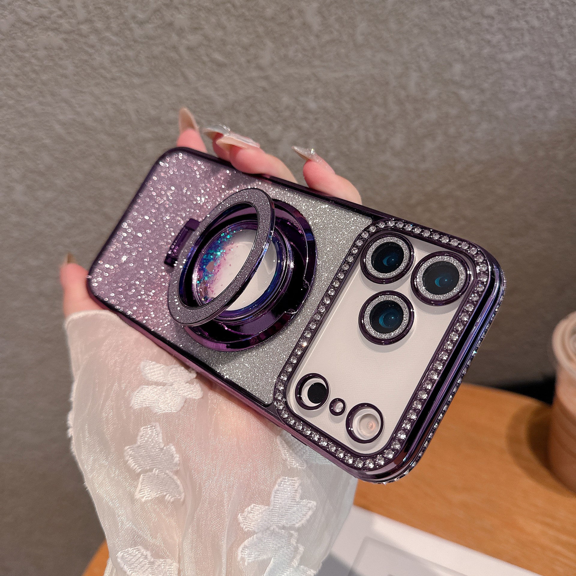 Phone Case Edge Diamond Magnetic Quicksand Bracket Drop-resistant Protective Cover