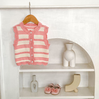 Baby Cotton Yarn Striped Knitted Cardigan Vest